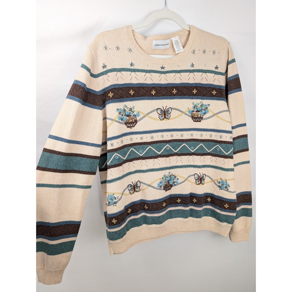 Vintage Y2K Striped Butterfly Embroidered Sweater Size L Cottagecore Coquette